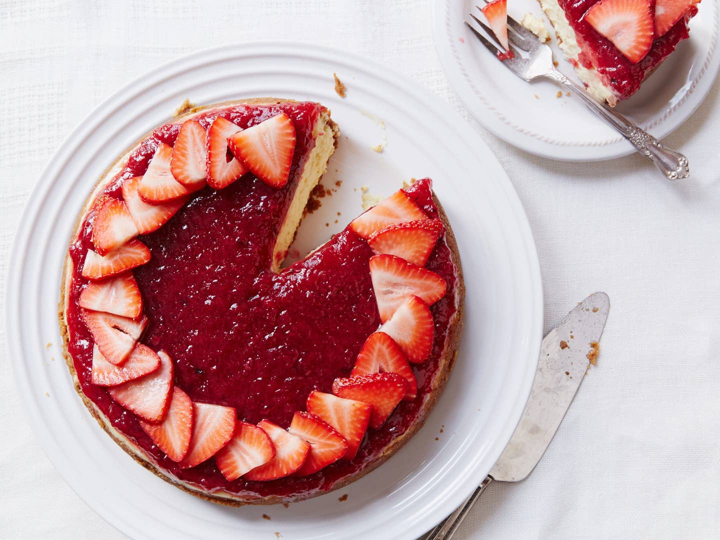 Cheesecake with Charred Rhubarb Compote and Sliced Strawberries