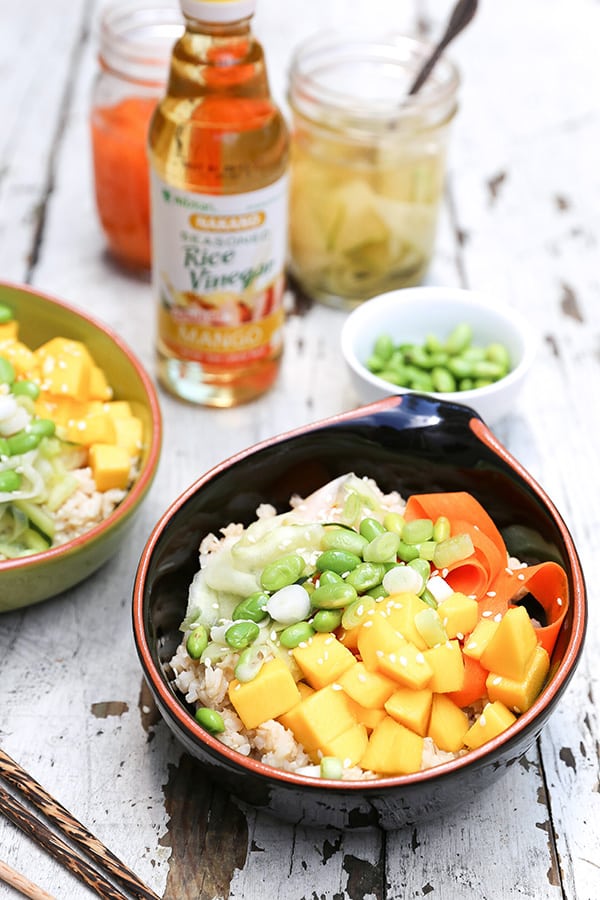 Vegan Sushi Bowls with Mango & Quick-Pickled Carrots and Cucumbers