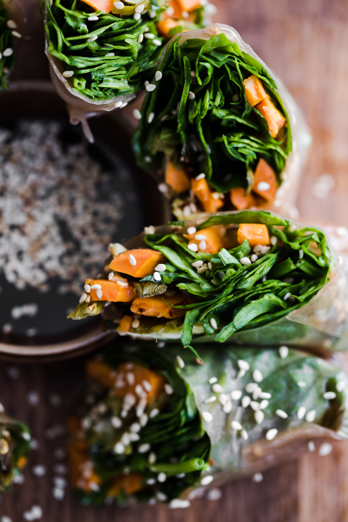 ROASTED SWEET POTATO RICE PAPER ROLLS WITH SPINACH