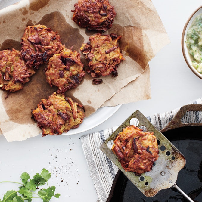 Celery Root and Mushroom Latkes with Onion Applesauce