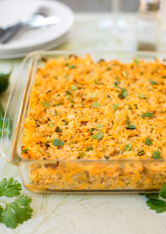 Baked rice with vegan cheese and green chiles